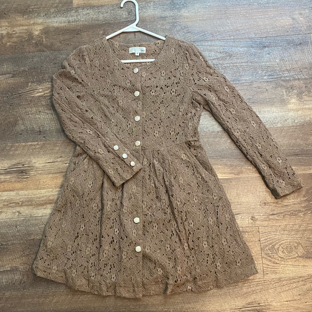 Aniina light brown long sleeve lace dress, sz M
